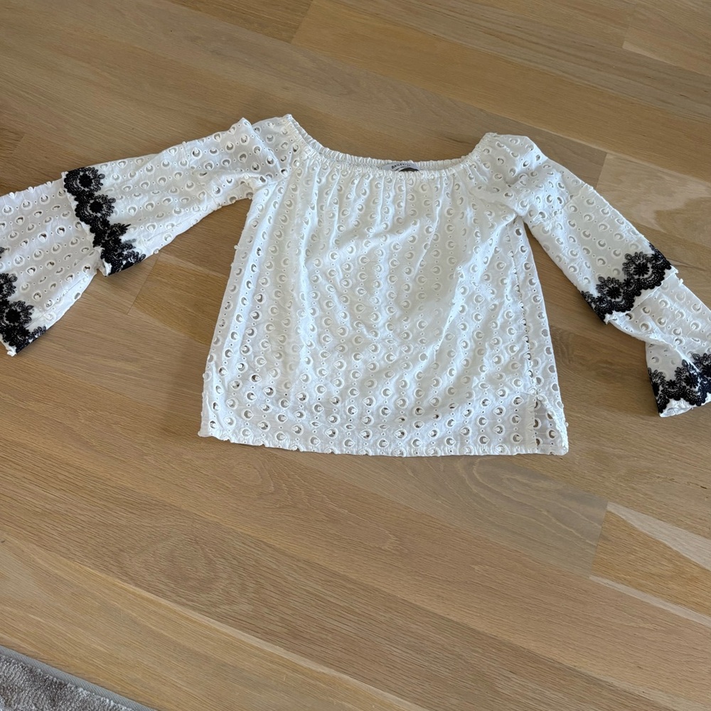 Bailey 44 White Eyelet Blouse with Black Accents lined NWOT XS festival blouse